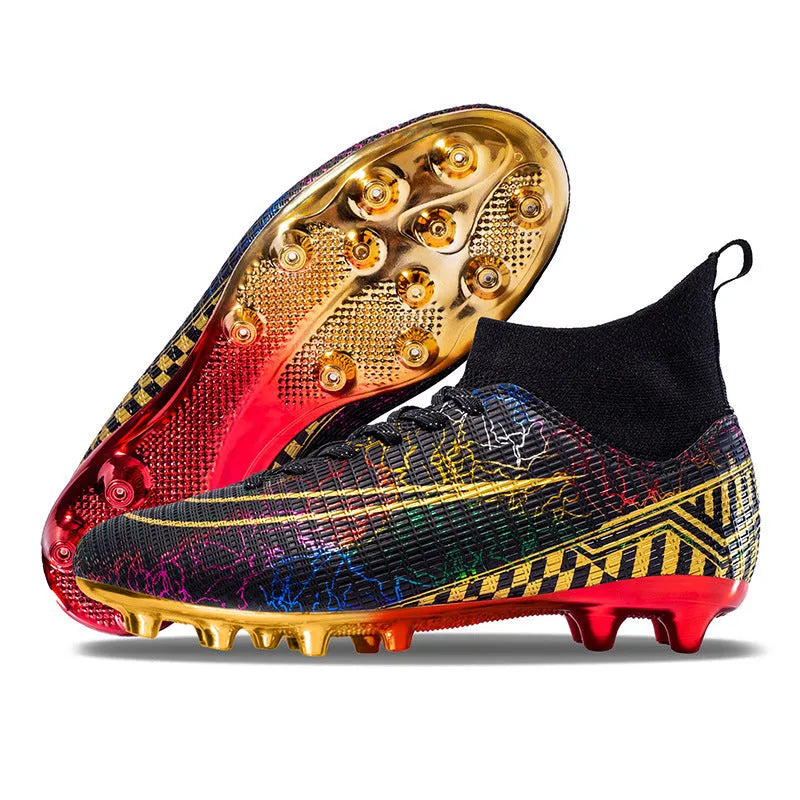 High-top male football training shoes with gold plated sole in black, white and mandarin duck colours