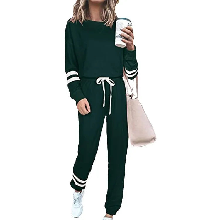 Women's plus size casual suit set with loose-fitting top and trousers in solid colour