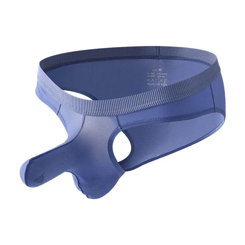 Men's low waist ice silk briefs in five colour options showing knitted nylon fabric