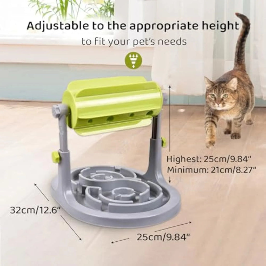 Blue interactive pet slow feeder bowl with adjustable height and puzzle design