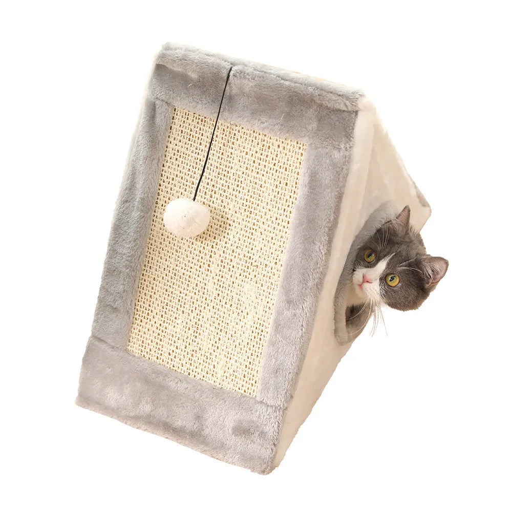 Triangle-shaped cat bed with integrated sisal scratching surfaces on raised platforms