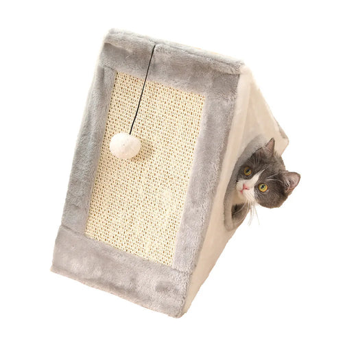 Triangle-shaped cat bed with integrated sisal scratching surfaces on raised platforms