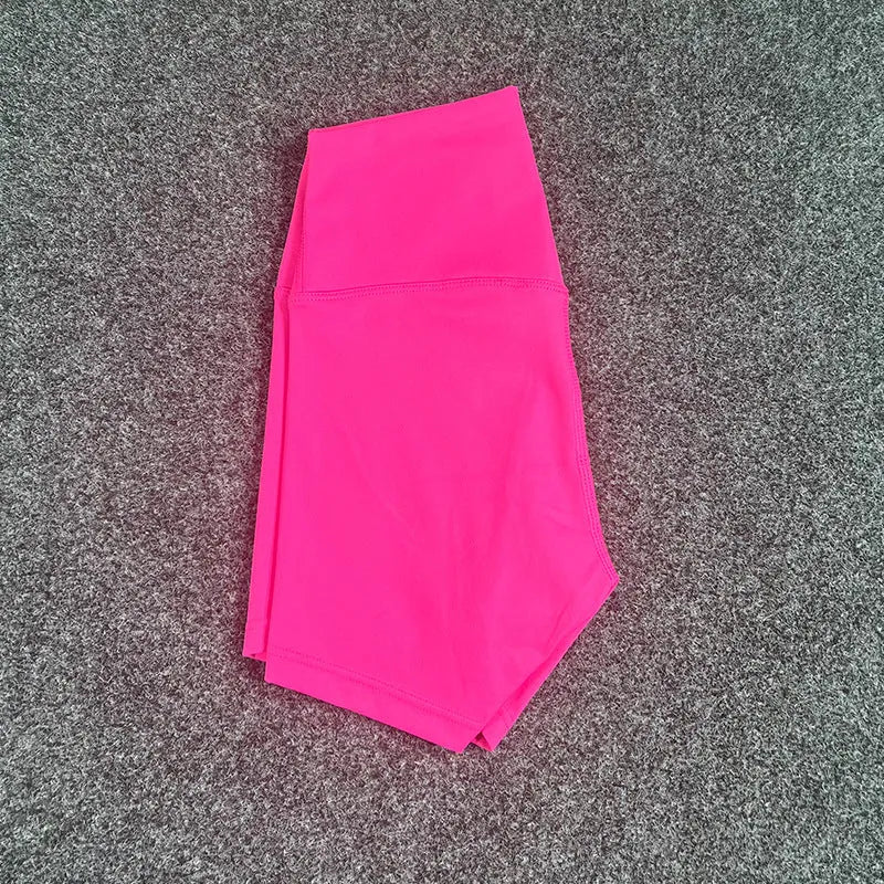 Ladies high-waisted yoga shorts in nylon fabric, shown in one of 16 available colours.