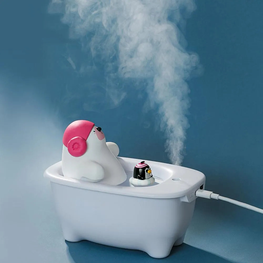 White Creative Air Humidifier with USB cable and 550ml water tank on a desk