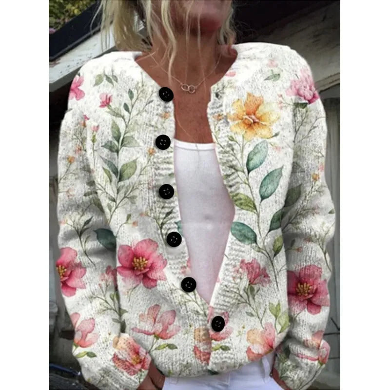 Yellow women's cardigan knitted coat with 3D stereo pattern digital printing, showing front view with regular sleeves