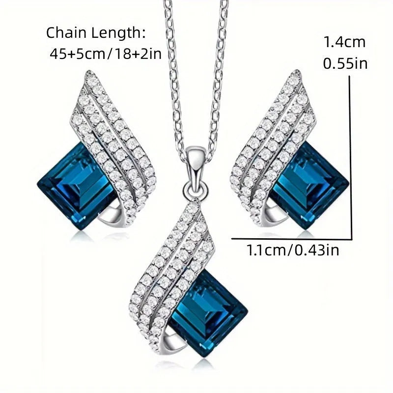 Women's alloy and glass cross chain necklace with matching electroplated ear studs set