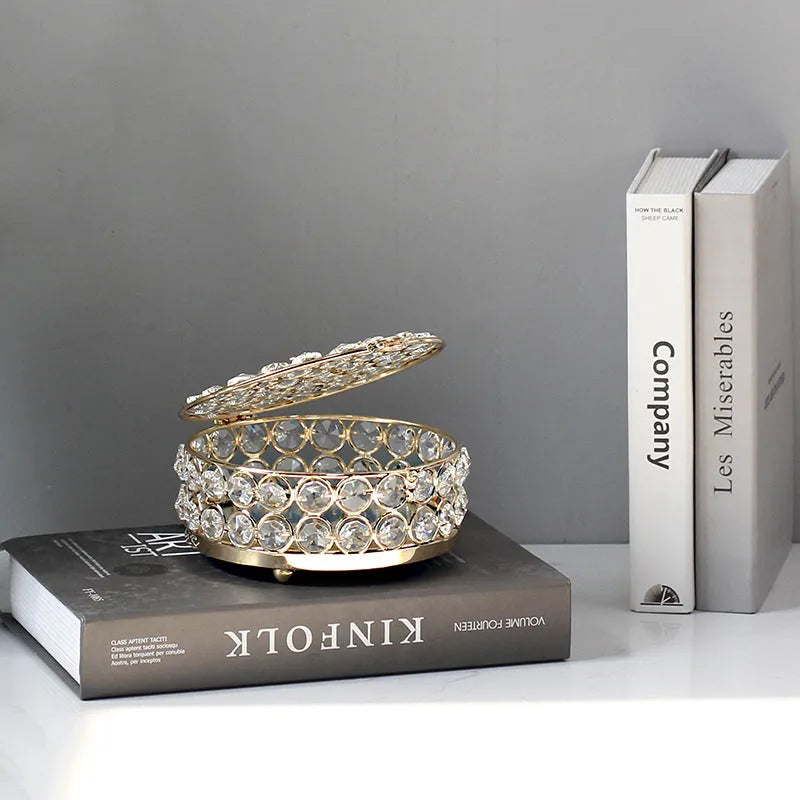 Crystal glass jewellery storage box with French gold metal frame and European design