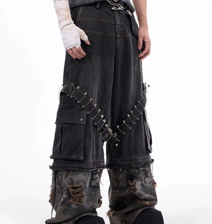 Men's grey cotton denim jeans with camouflage splicing pattern and ribbon detailing