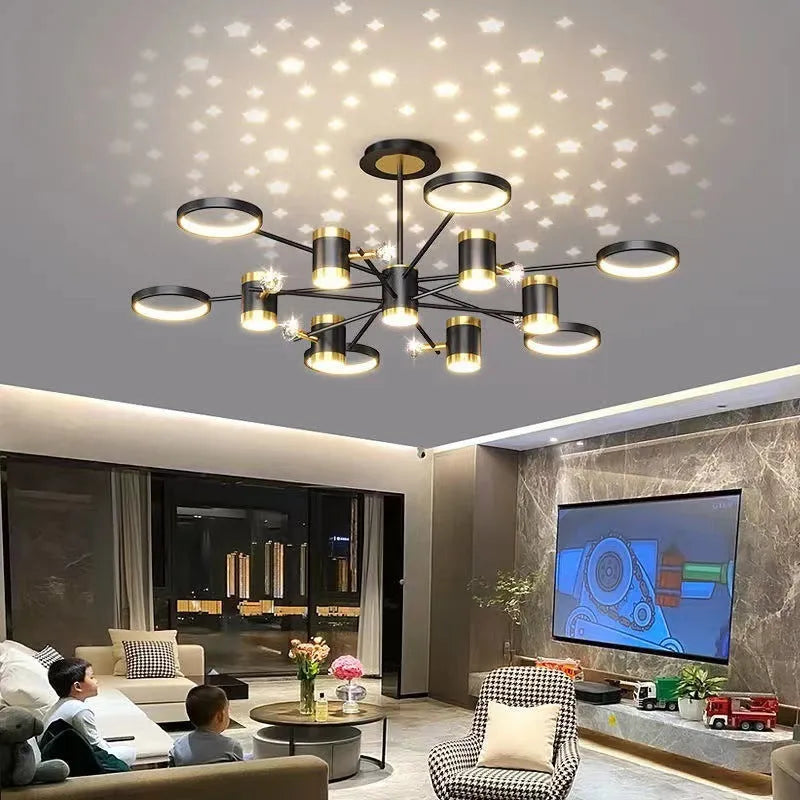 Black iron pendant lamp chandelier with 13 light heads and remote control, 1000mm diameter