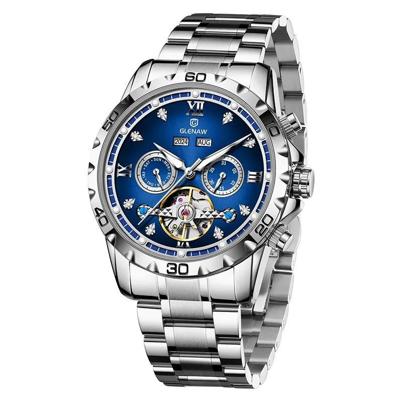 Men's automatic mechanical watch with stainless steel strap and mineral glass lens in silver case blue surface colour