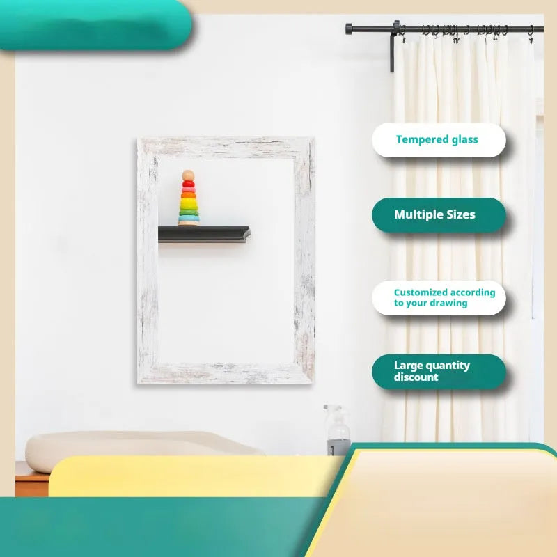 Wall-mounted bathroom mirror with retro Chinese style frame in white, available in two size options