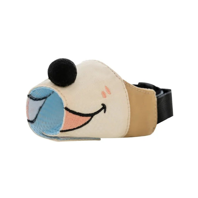 Canvas dog muzzle in Ollie Brown Bear colour, shown next to size guide for S, M, L, and XL based on dog weight.