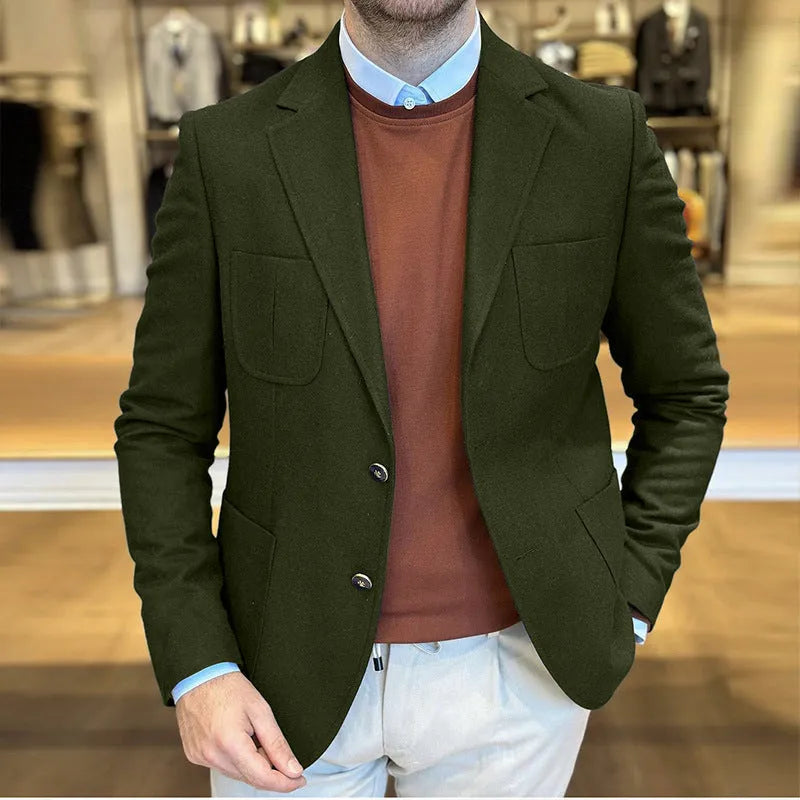 Men's loose fit casual cotton jacket in army green colour, showing retro style and smart-casual design.