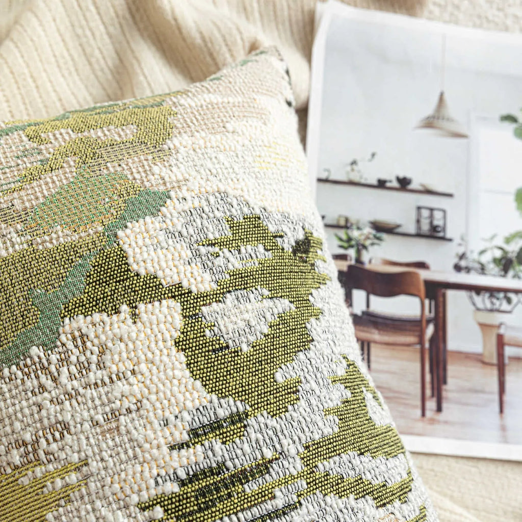 Green wool blended cushion with abstract floral pattern in French antique Chinese style