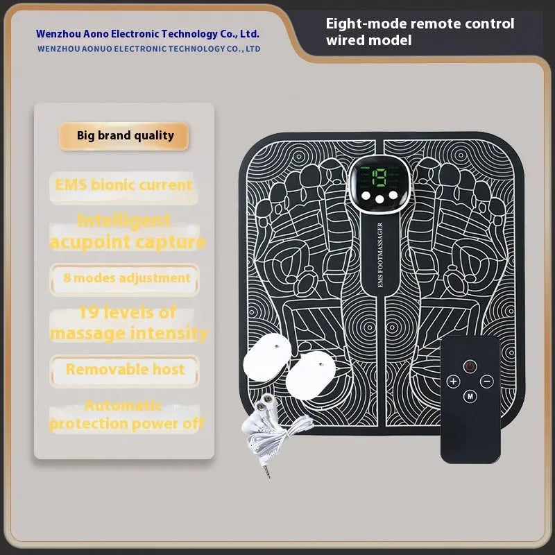 Rechargeable reflexology foot massager mat with remote control on a wooden floor.