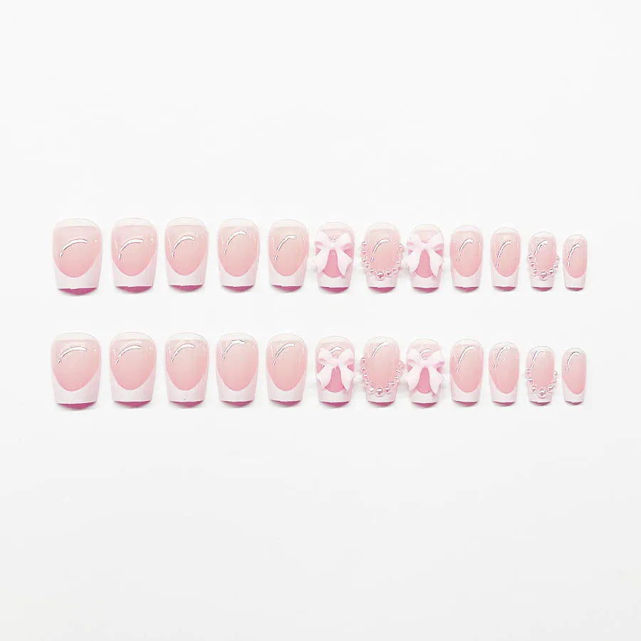 French manicure false nails with tulip, bow, starry sky and leopard print patterns in short square shape