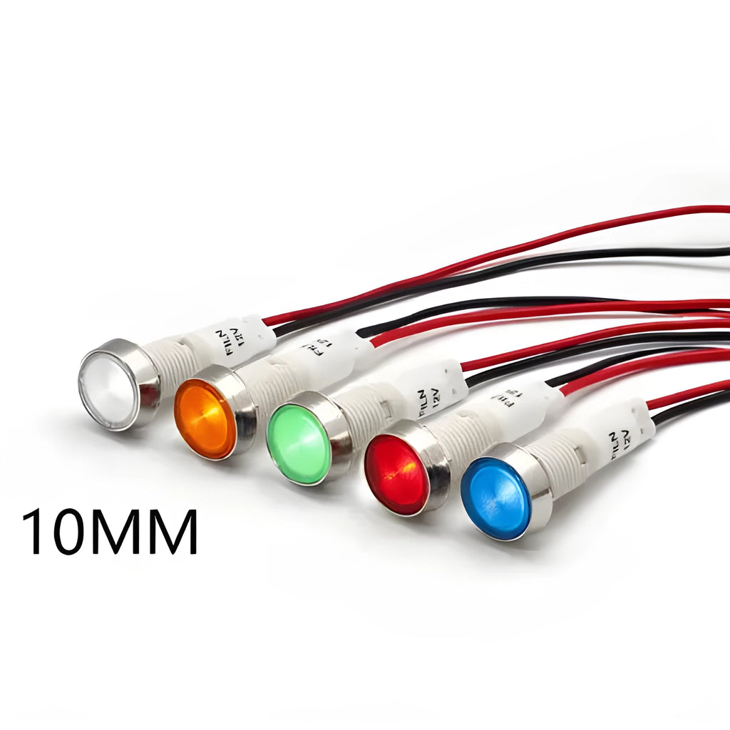 10mm stainless steel edge plastic indicator light with wire, showing blue, green, red, white, and yellow colour options.