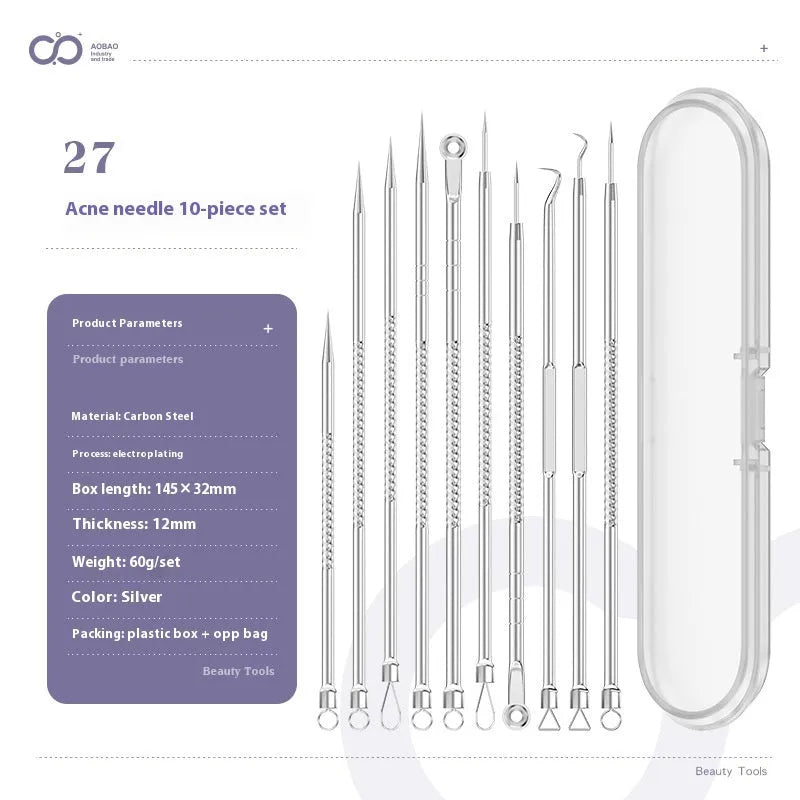 Four metal acne needles with pointed tips arranged on a clean surface.