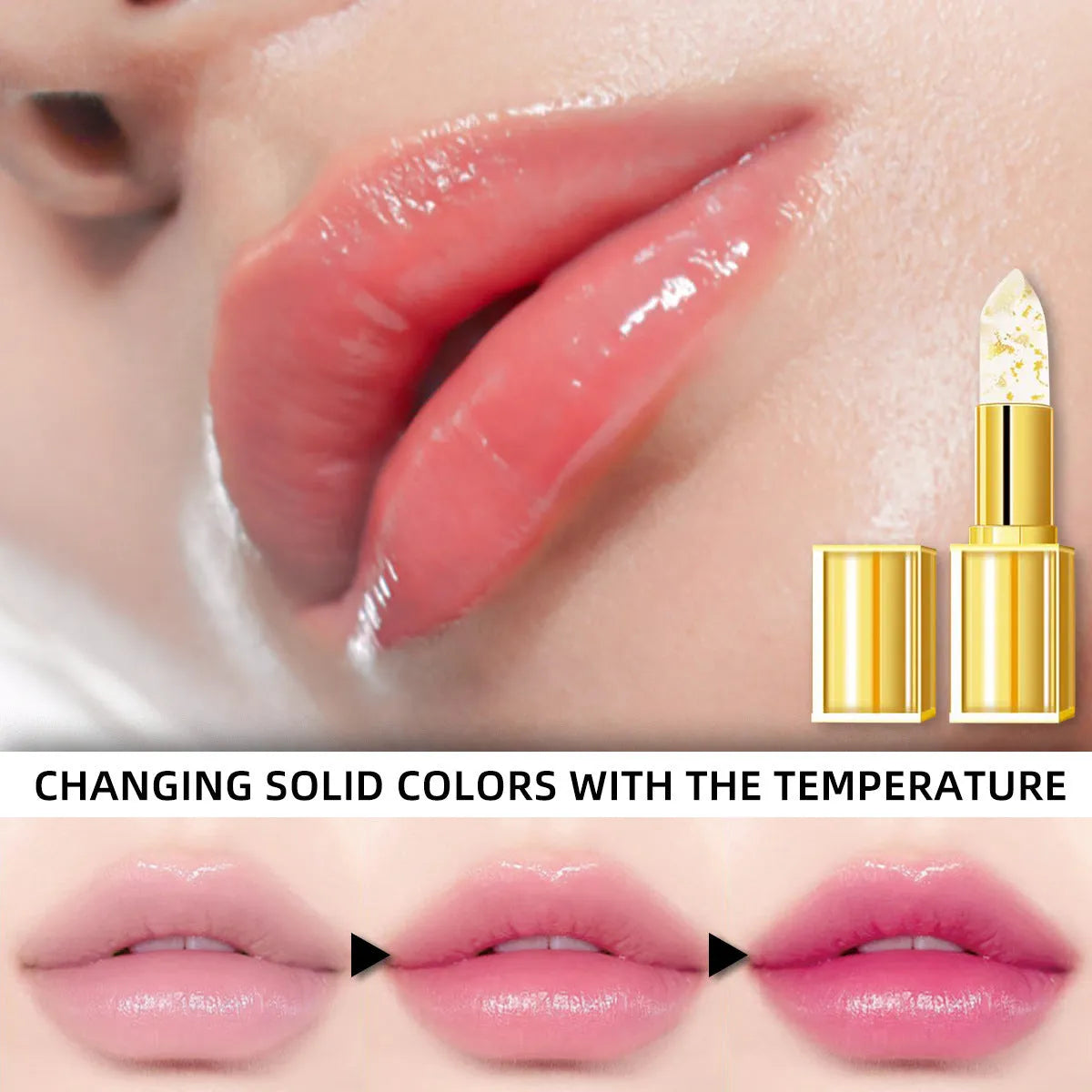 Gold packaged anti-smudge colour-changing lipstick tube with 3.5g gilding warm lip gloss