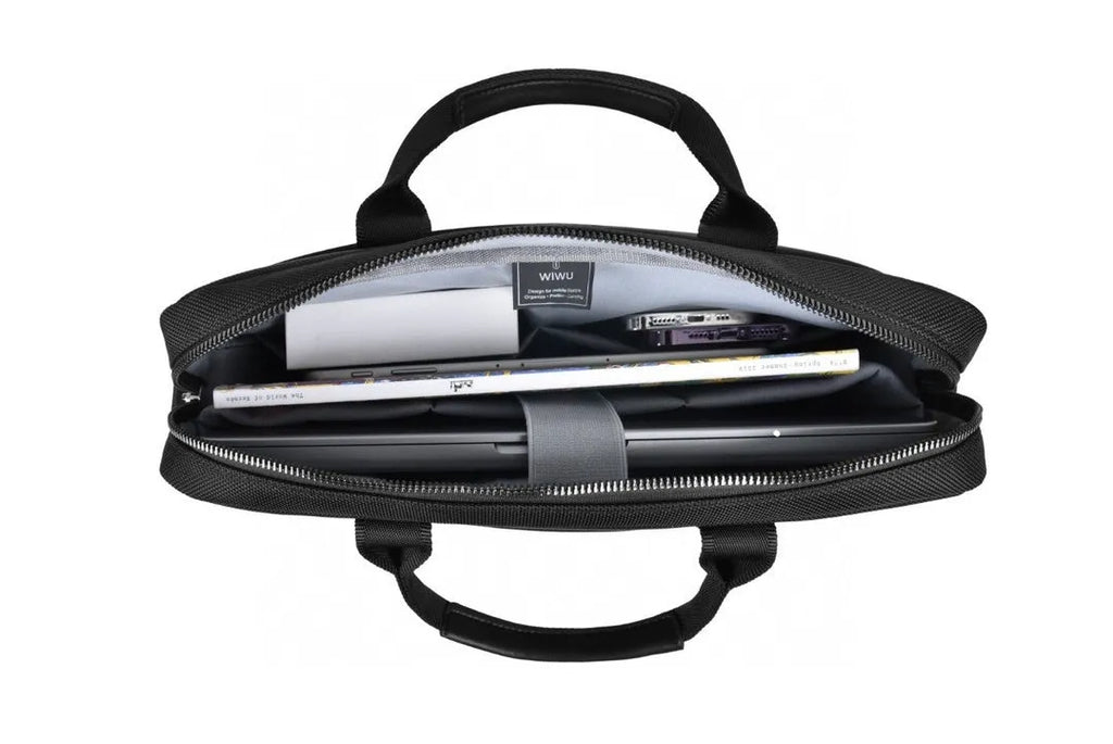 Black Oxford cloth laptop backpack showing multiple compartments and a separate padded laptop section.