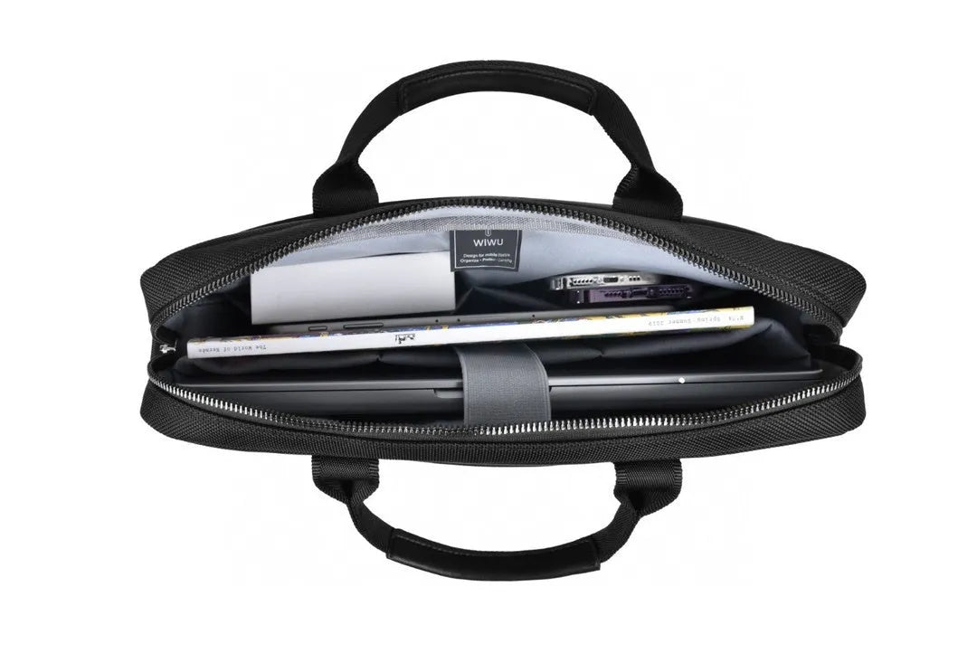 Black Oxford cloth laptop backpack showing multiple compartments and a separate padded laptop section.
