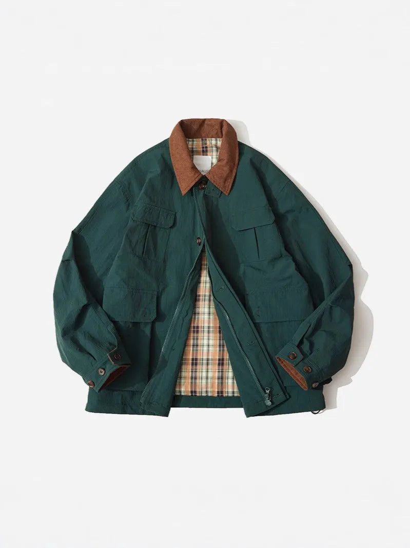 Green and apricot contrast colour casual jacket with side seam pockets on mannequin