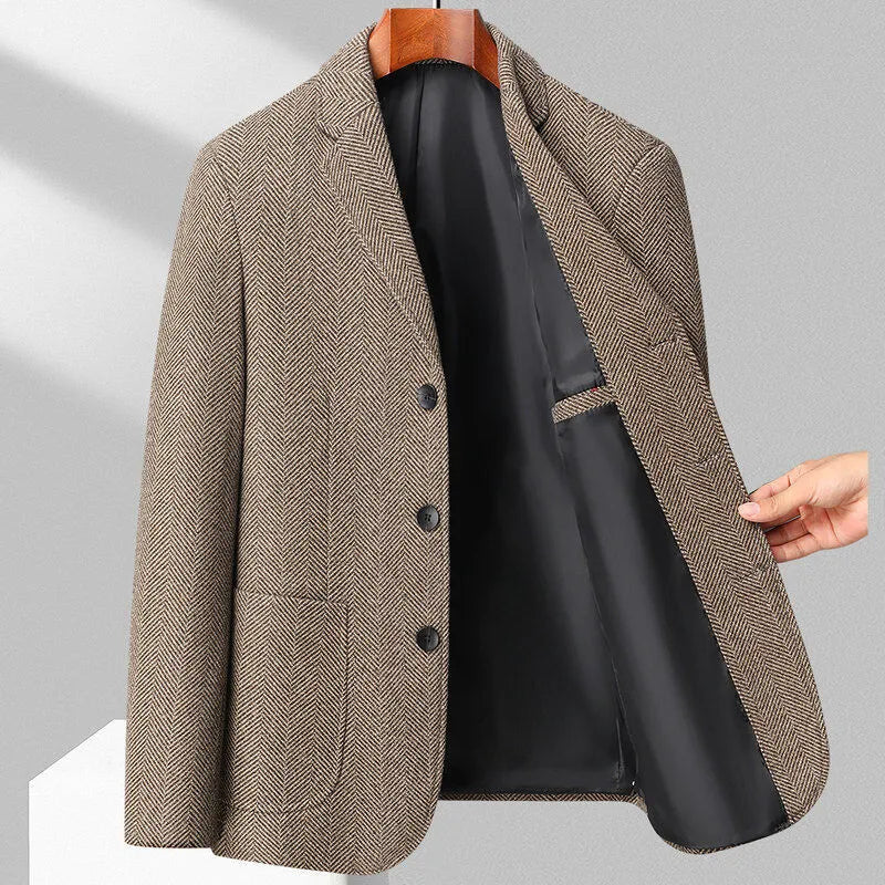 Men's loose-fit wool coat in solid colour for spring and autumn wear