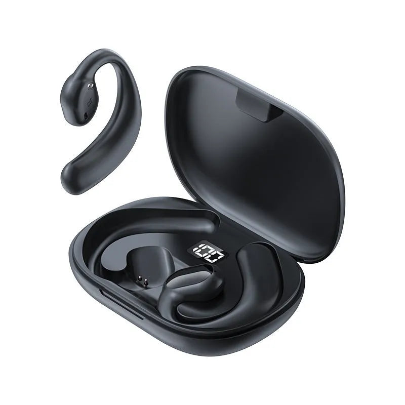 Ear-mounted Bluetooth wireless headset with digital display screen in black colour