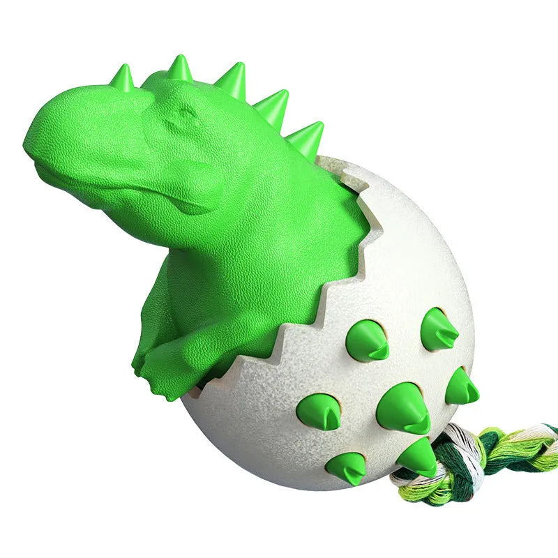 Blue durable rubber dinosaur dog chew toy with rope for aggressive chewers