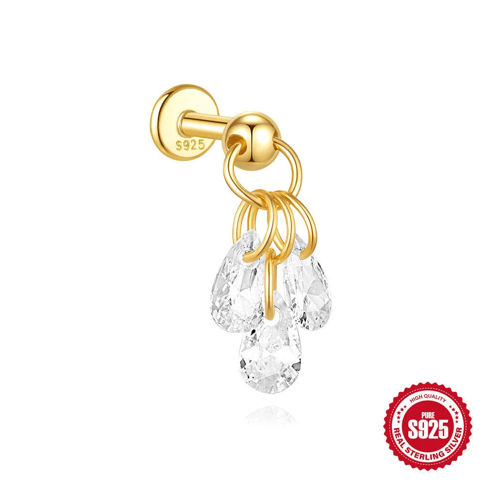S925 sterling silver geometric moon and star earrings with embedded diamond detailing in gold tone finish