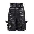 Men's black PU leather cropped shorts on a neutral background
