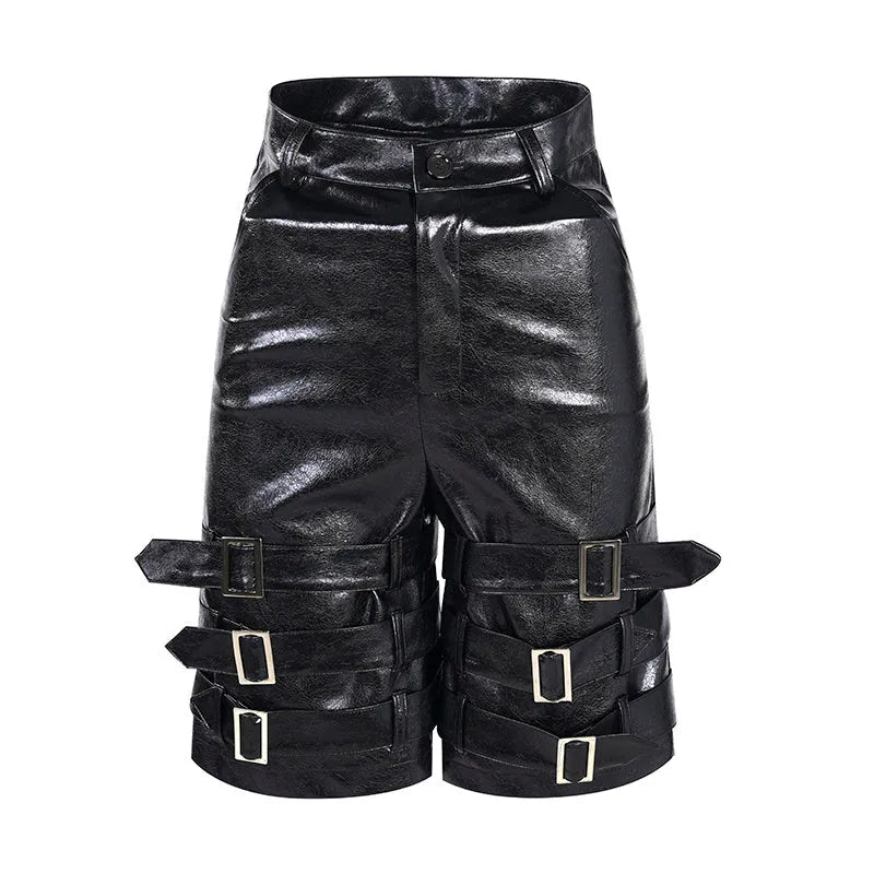 Men's black PU leather cropped shorts on a neutral background
