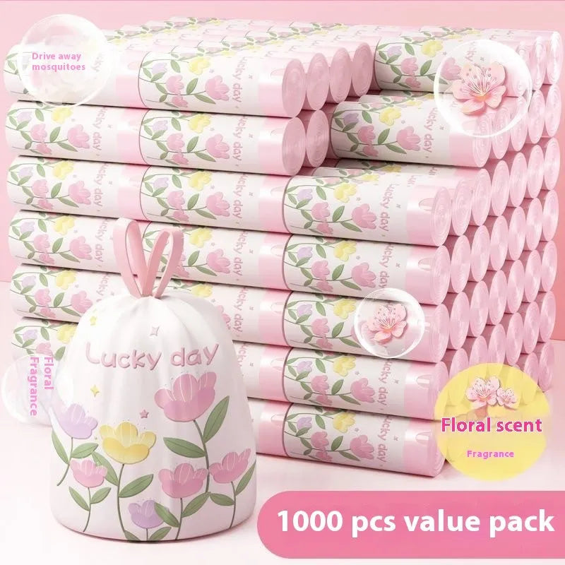 Pink degradable garbage bags with drawstring closure and argy wormwood mosquito repellent properties