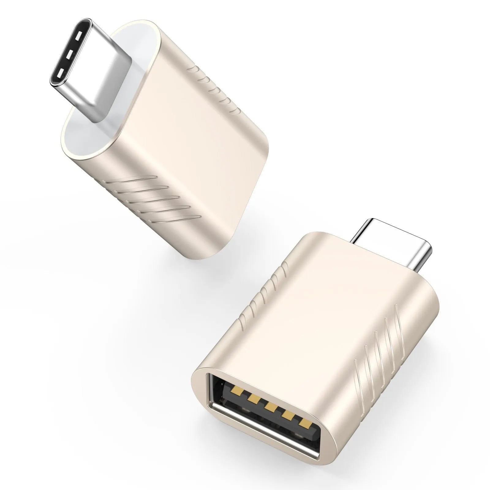 USB converter adapter with zinc alloy shell in various colours including silver, gold, and pink.