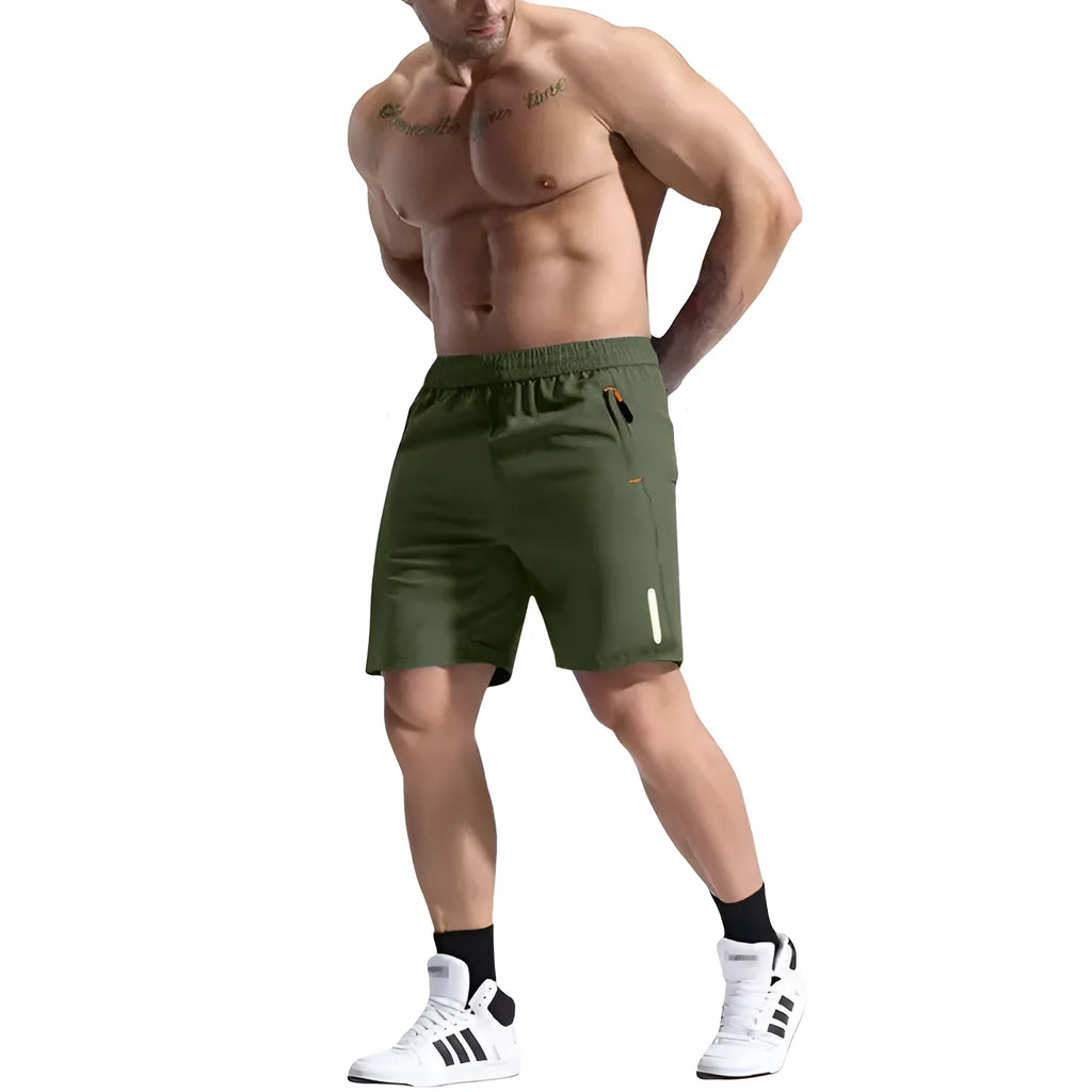 Men's grey bamboo fibre sports shorts with an elastic high waist and drawstring closure.