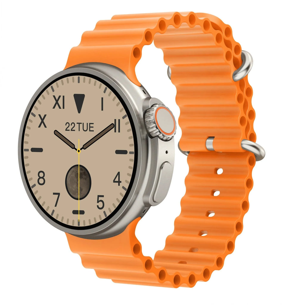 K9 smart watch with black silicone strap and round screen showing health metrics interface