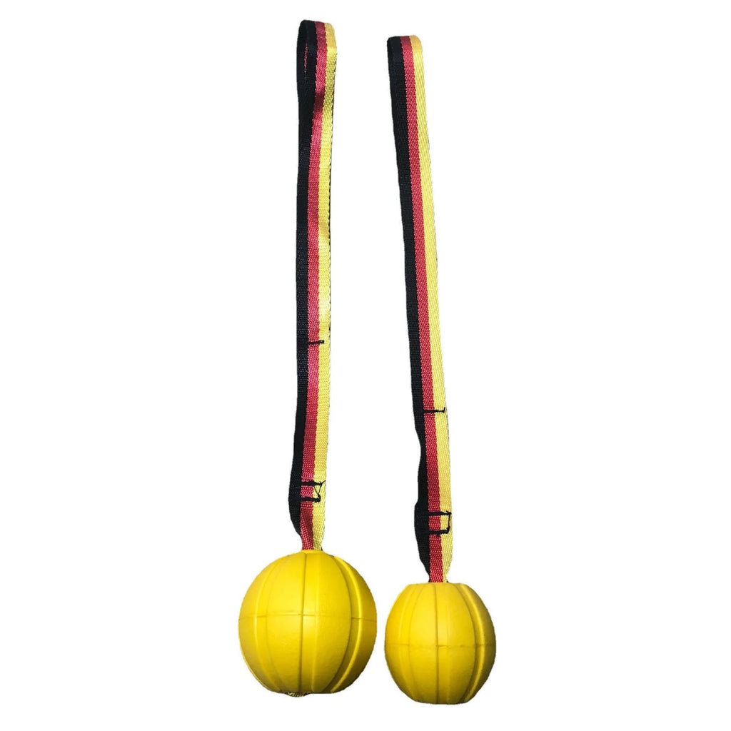 Yellow and camouflage floating EVA foam dog balls with tether strings in three different sizes on a blue background.