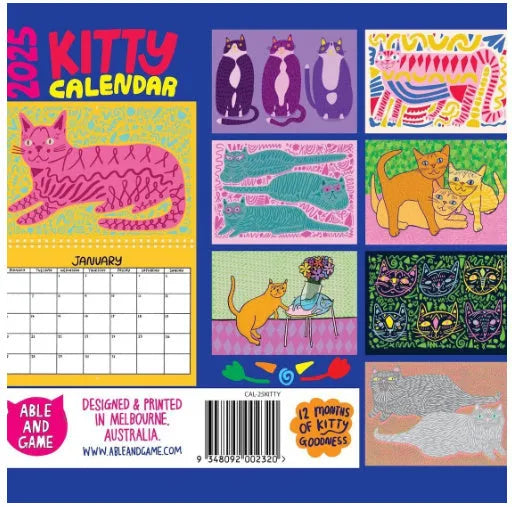 A portrait-format paper wall calendar featuring cat imagery, available for the 2024 or 2025 year.