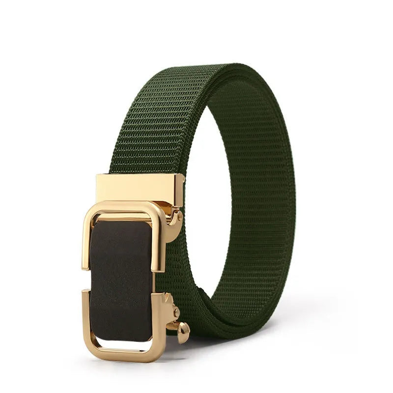 Men's nylon canvas belt with an alloy buckle shown in army green colour.