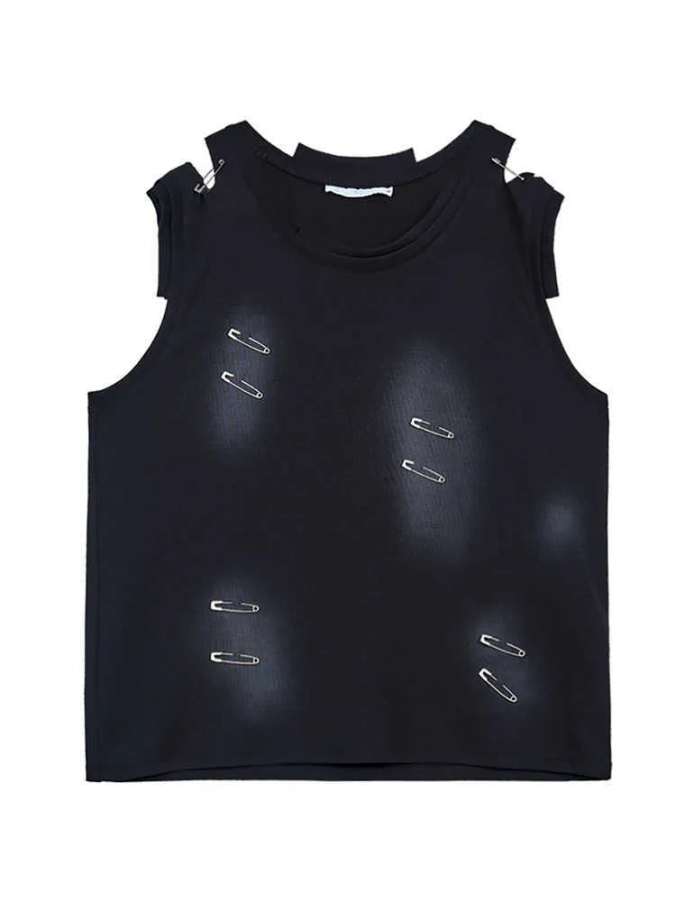 Men's black sleeveless vest t-shirt with ripped irregular cutting piece design and round neck collar