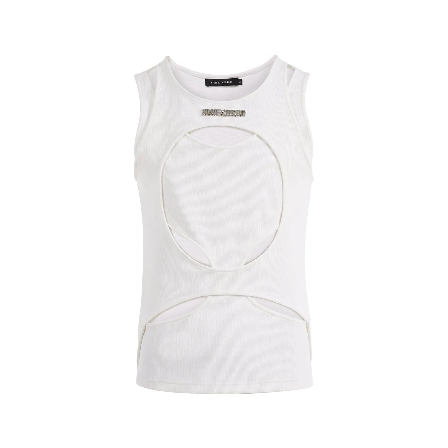 Men's black sleeveless waistcoat vest with hollow knit design and round neck collar