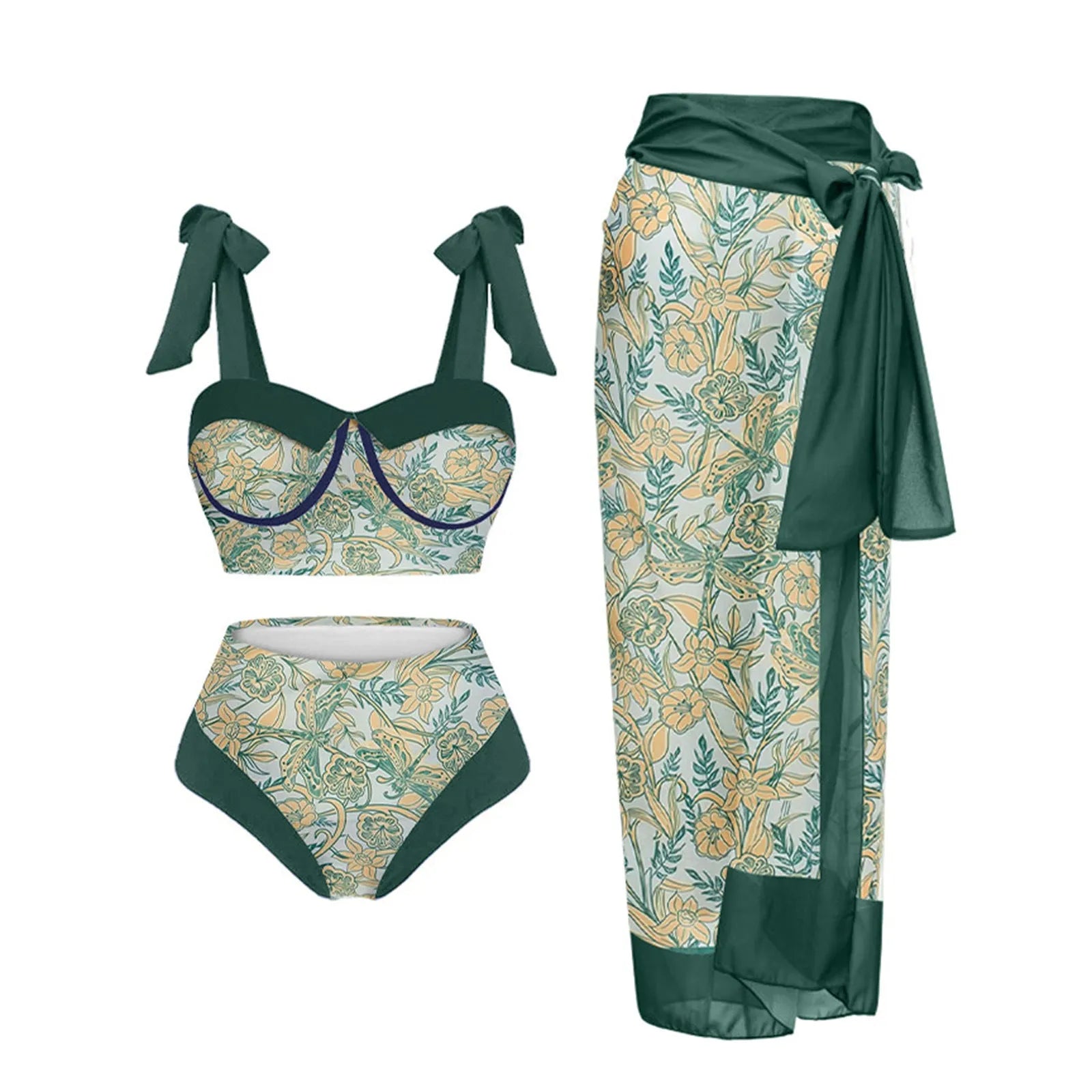 Women's printing split swimsuit three-piece set in a blue flower pattern, showing skirt, bra, and panties.