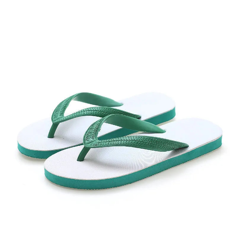 Colour options of rubber beach flip-flops with fish brand label, showing non-slip sole.