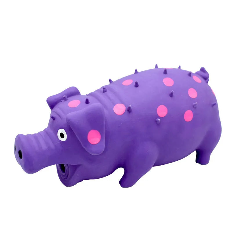 Latex pig-shaped squeaky dog chew toy with textured surface in assorted colours
