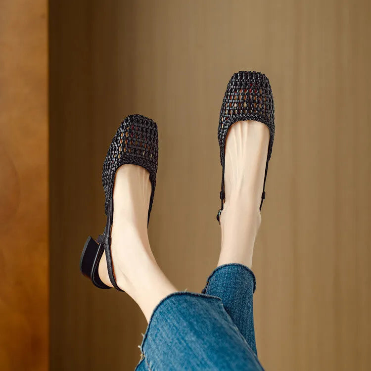 Women's beige woven hollow-out closed toe sandals with chunky 4cm heel and buckle fastening