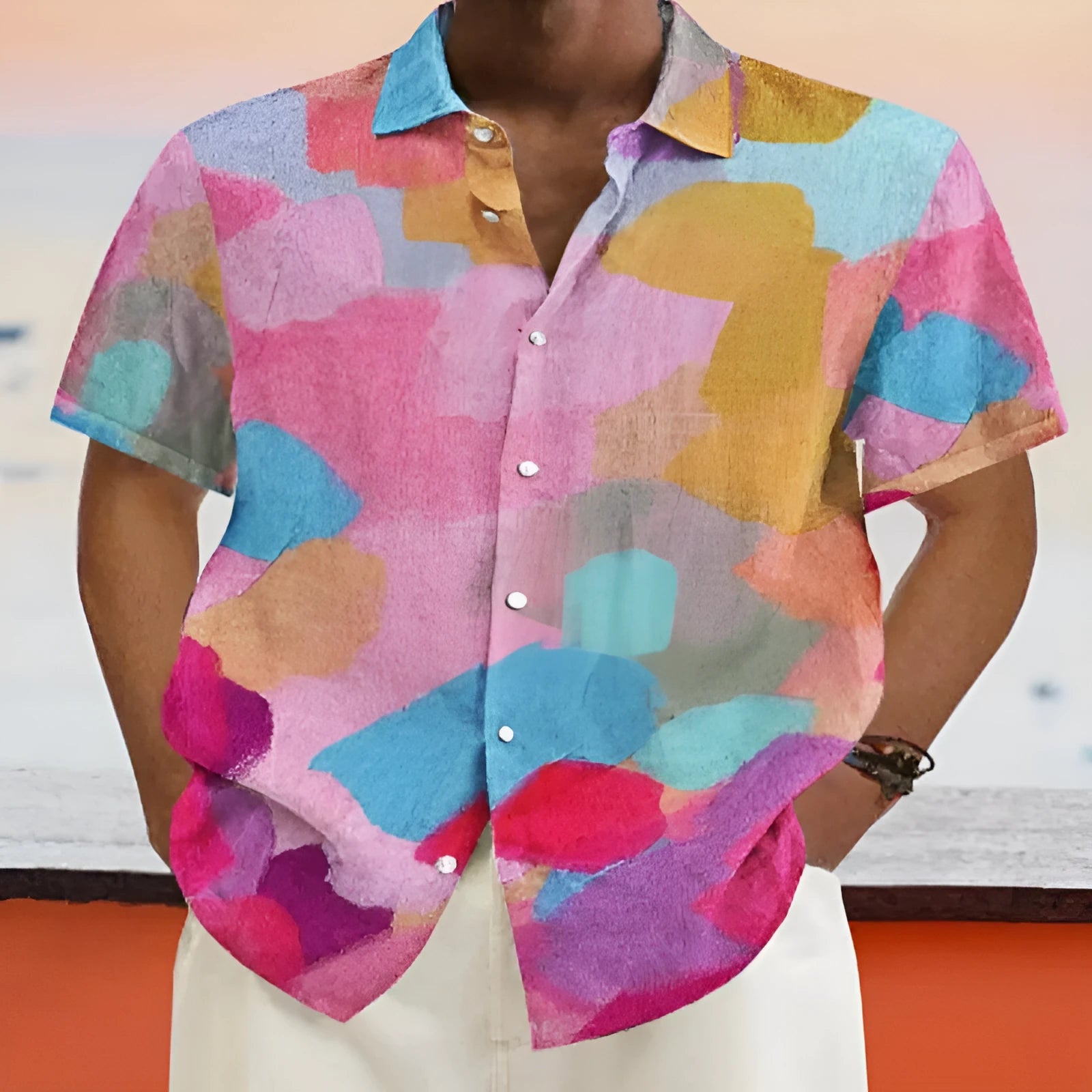 Hawaiian style cardigan with 3D printed patterns and stand collar in loose fit short sleeve design