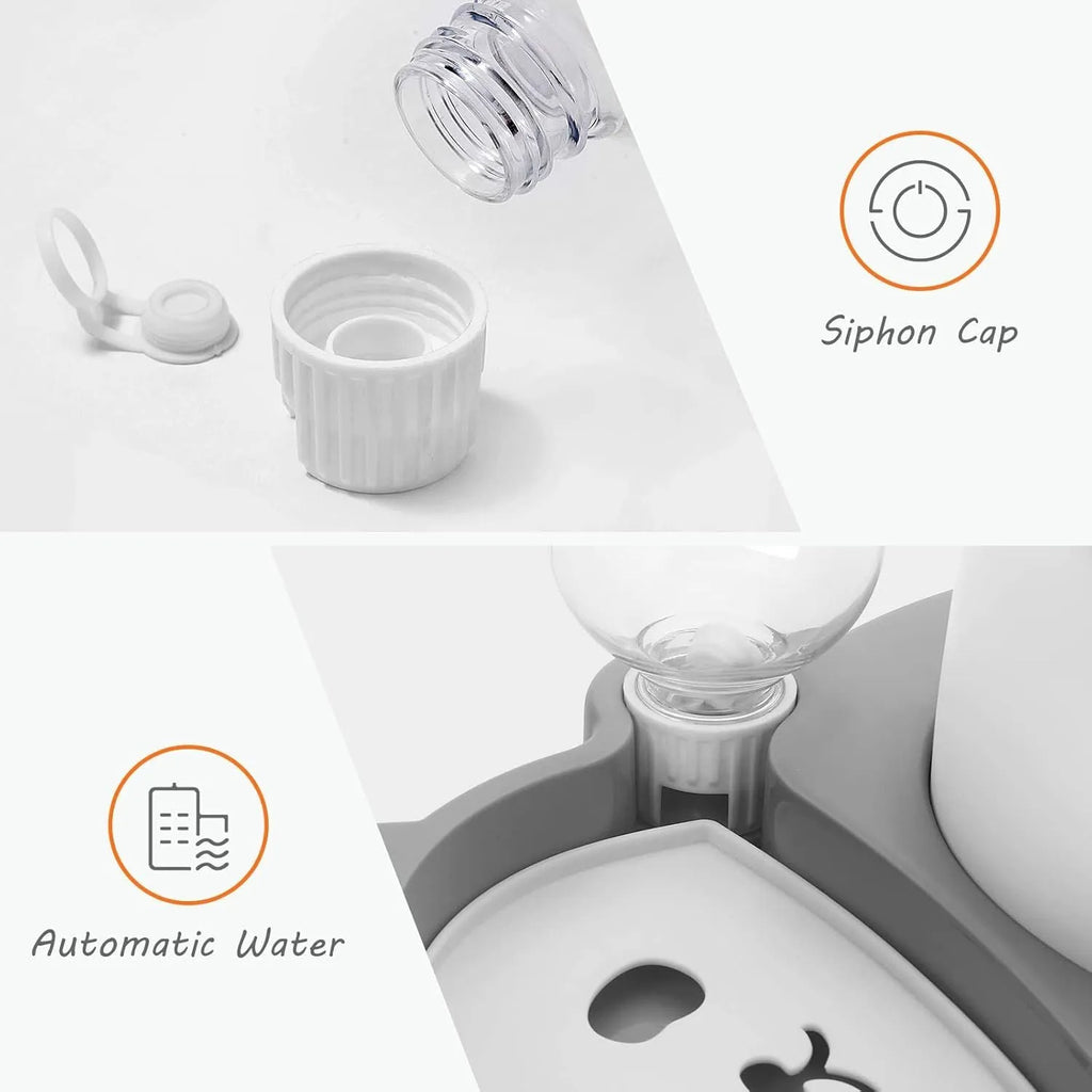 Grey panda-shaped automatic water bowl for cats with tilted feeding design and 17 oz water bottle
