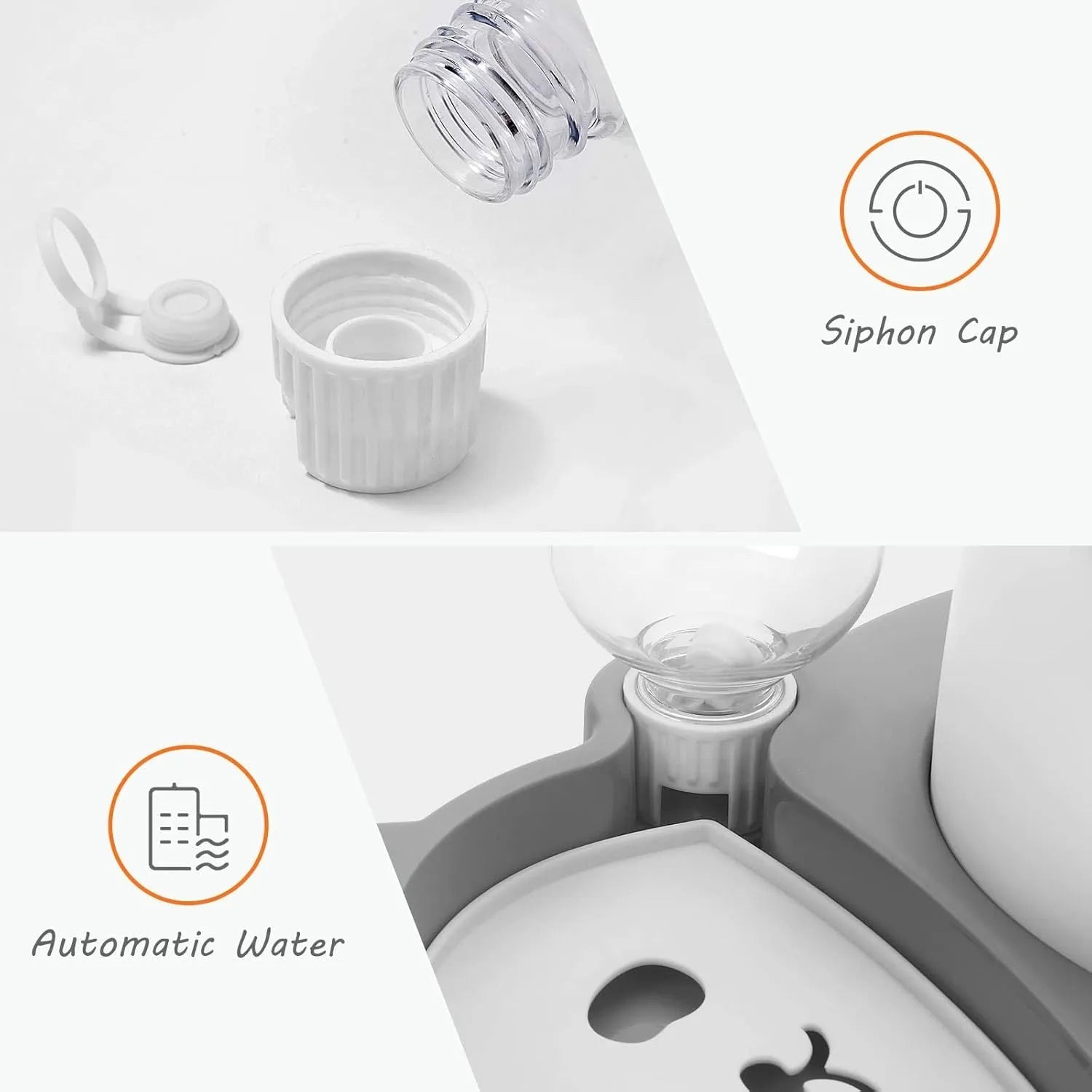 Grey panda-shaped automatic water bowl for cats with tilted feeding design and 17 oz water bottle