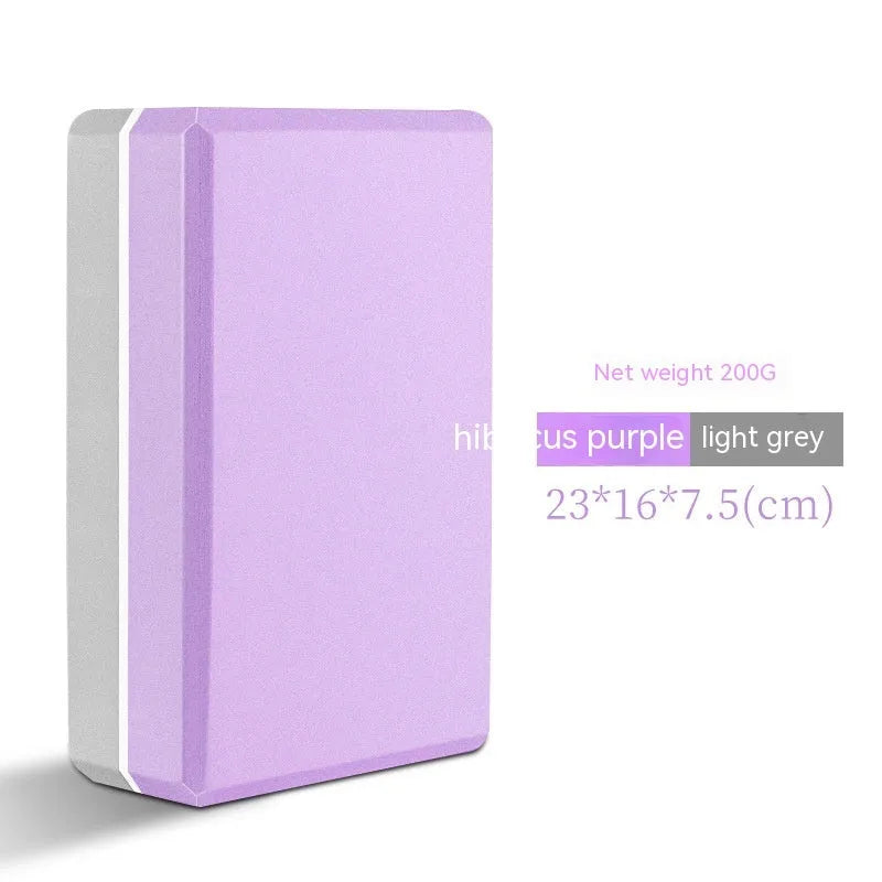 High-density EVA yoga block in pink next to a dark blue block, showing 7.5cm height and printed cartoon design options.