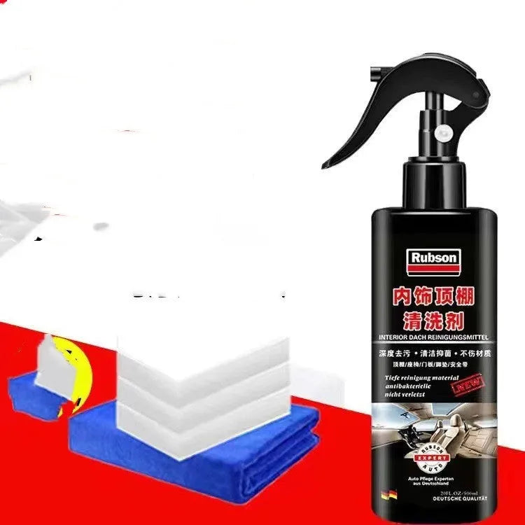 Wash free fabric roof foam cleaner kit with bottle, sponge wipes, and towel for interior vehicle ceiling cleaning